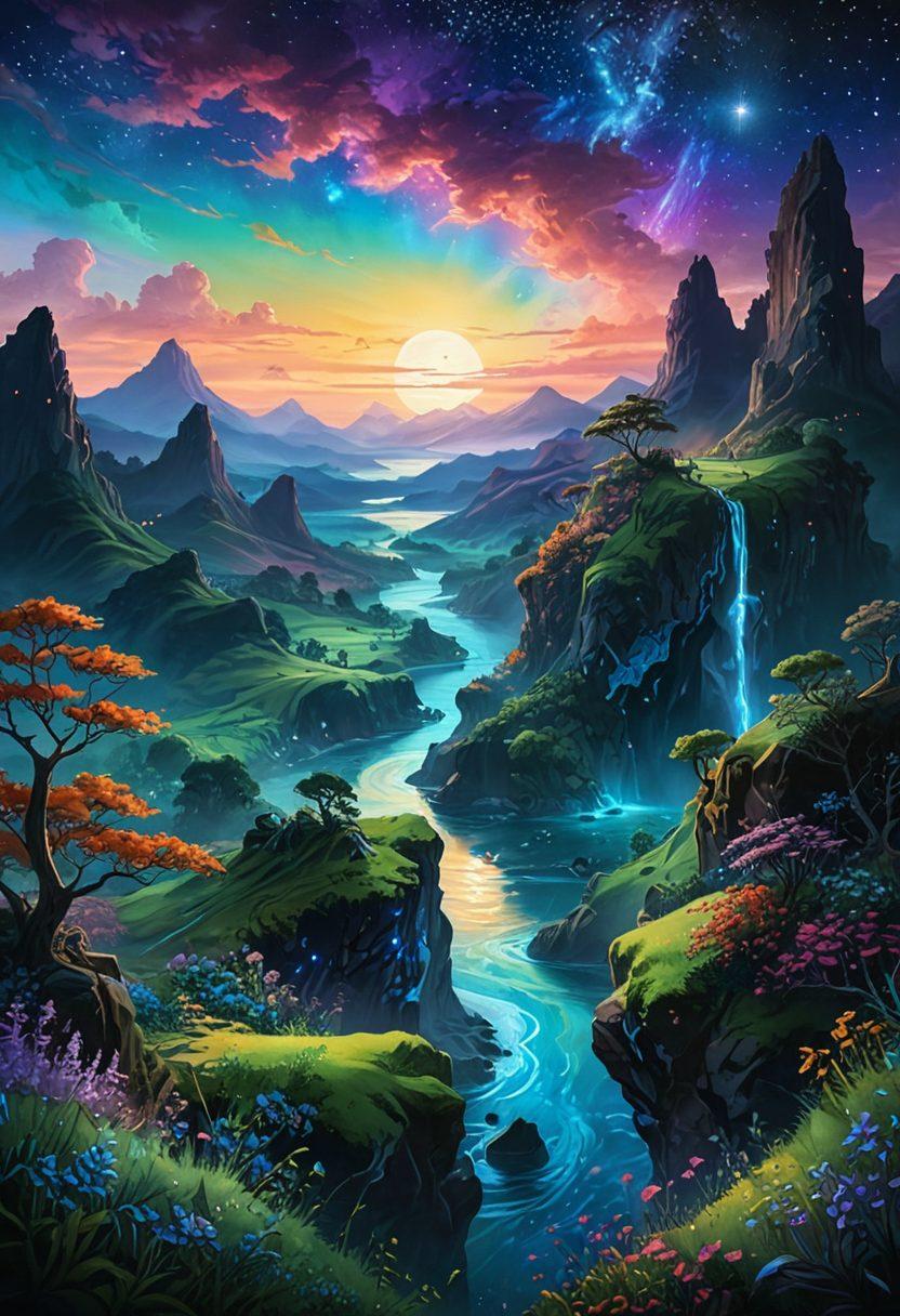 An ethereal landscape highlighting the mythical Niburu, featuring lush green hills, vibrant bioluminescent plants, and a celestial sky bursting with color. People from diverse cultures are engaging in various lifestyle activities, such as dancing and crafting. The scene is infused with a sense of exploration and curiosity, inviting the viewer into this wondrous world. surreal art style. vivid colors. dreamy atmosphere.
