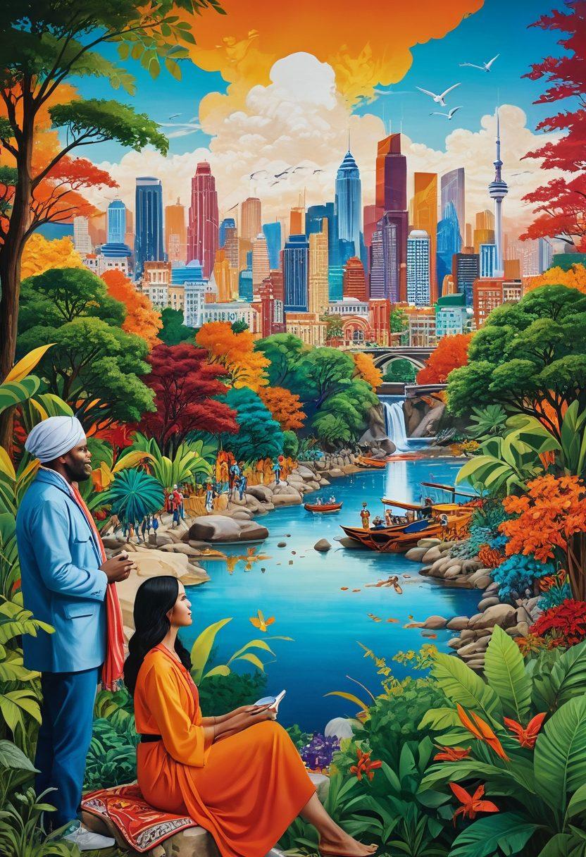 A vibrant tapestry of diverse cultural symbols representing various global influences, interwoven with modern lifestyle innovations like advanced technology and eco-friendly practices. In the foreground, a group of diverse individuals engaged in storytelling, sharing their journeys and experiences, set against a backdrop of lush nature and urban landscapes. Warm colors to convey a sense of community and discovery. artistic collage. vibrant colors. 3D.