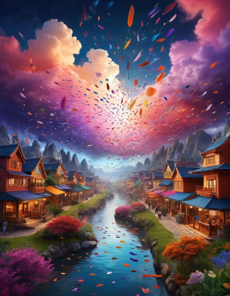 A vibrant digital landscape representing a diverse blogging community, featuring multicolored quills symbolizing different perspectives, surrounded by swirling clouds of articles and opinions. The background showcases a lively interaction between bloggers, their ideas manifesting as illuminated thoughts in the air. The overall feel is dynamic and engaging, inviting readers to dive into the world of Niburu blogging. super-realistic. vibrant colors. 3D.